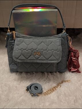 Betsey Johnson Quilted Heart Shoulder Bag in Gray with Gold Accents